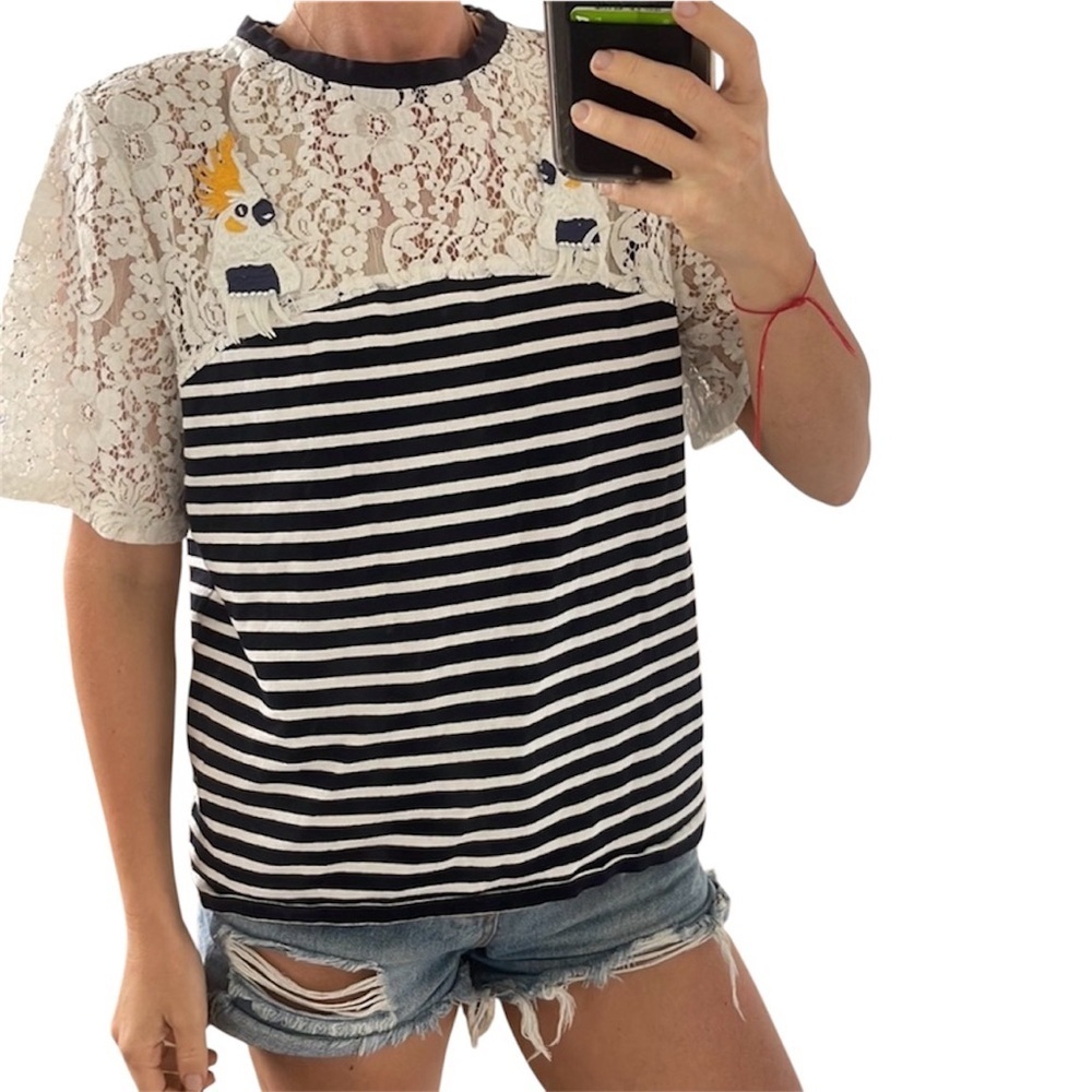 🆕Anthropologie Betina Short Lace Yoke Sleeves Striped Embellished Top XXS🆕